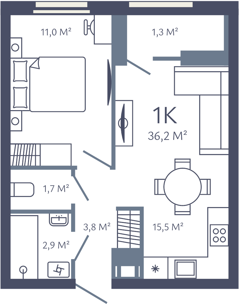 2-комнатная (Евро) квартира, 36.2 м² в ЖК "Лендлер" - планировка, фото №1