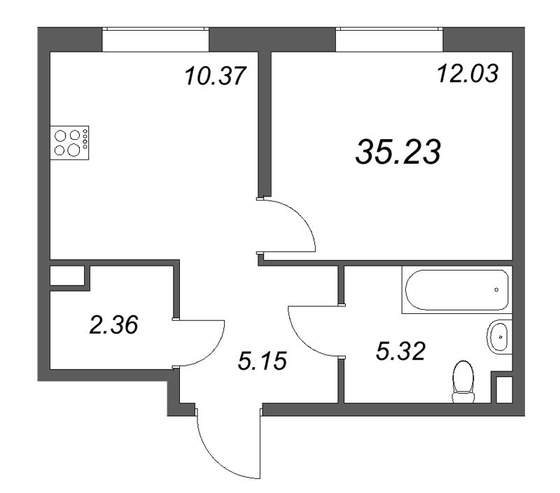 1-комнатная квартира, 35.23 м² в ЖК "Zoom на Неве" - планировка, фото №1