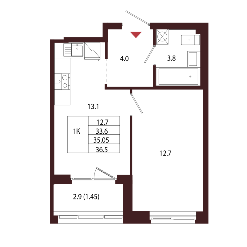 1-комнатная квартира, 35.05 м² в ЖК "Лисино" - планировка, фото №1