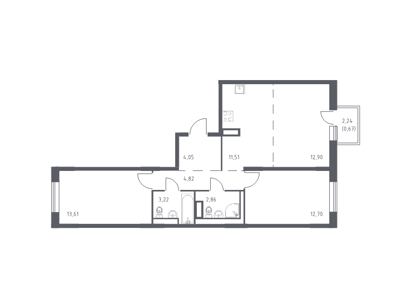 3-комнатная (Евро) квартира, 66.34 м² - планировка, фото №1