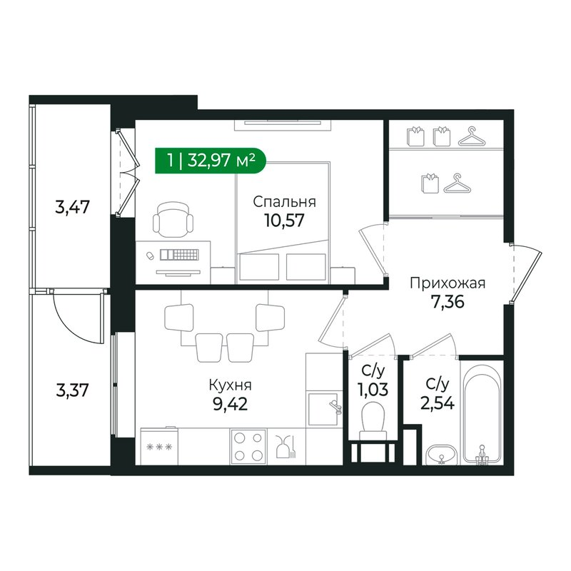 1-комнатная квартира, 30.8 м² в ЖК "Сертолово Парк" - планировка, фото №1