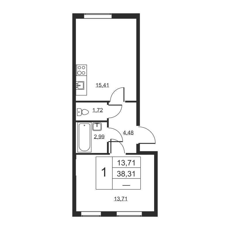 2-комнатная (Евро) квартира, 38.31 м² в ЖК "Высота" - планировка, фото №1