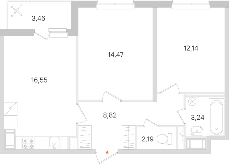 3-комнатная (Евро) квартира, 57.41 м² в ЖК "Ясно.Янино" - планировка, фото №1