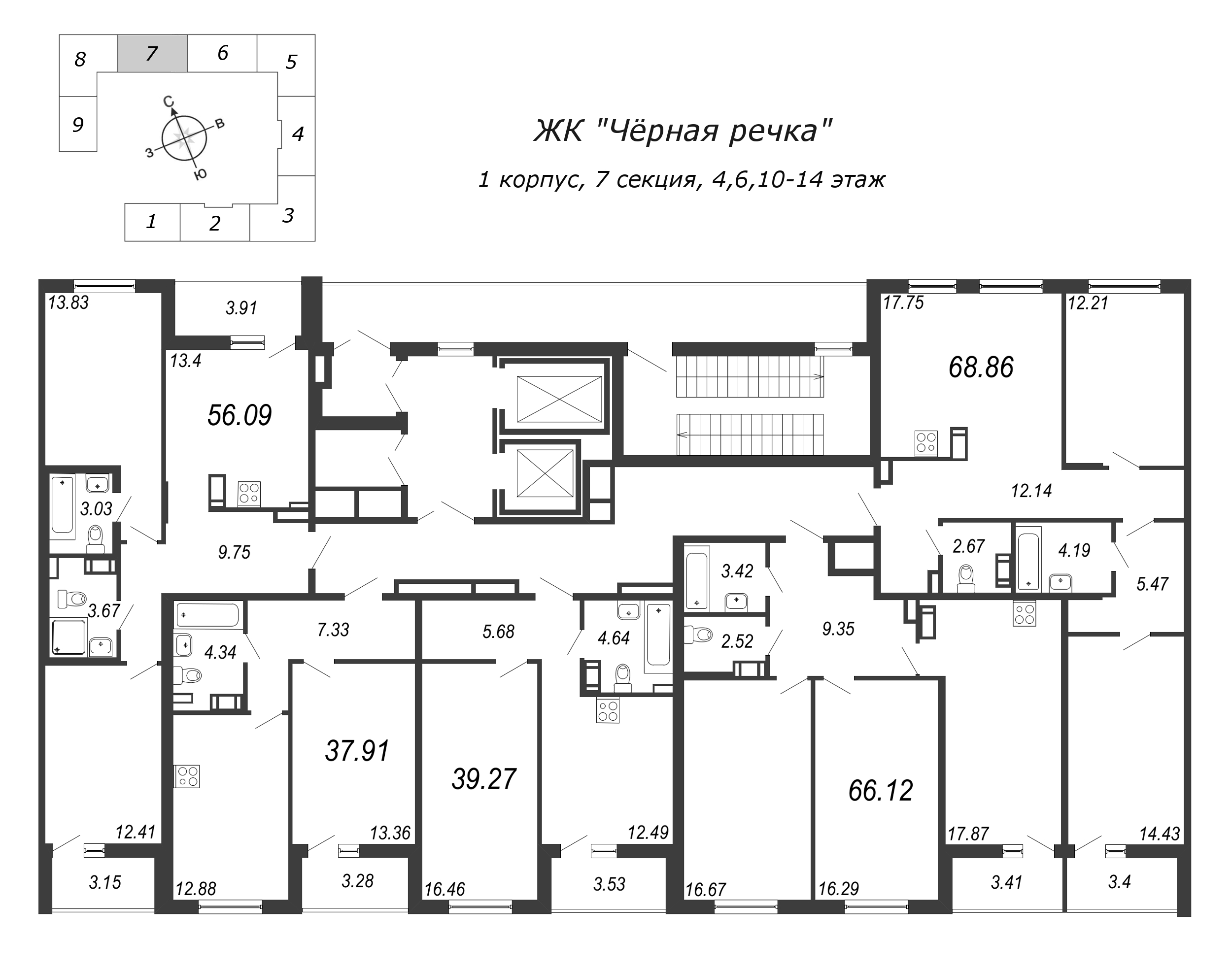 3-комнатная (Евро) квартира, 68.86 м² в ЖК "Чёрная речка" - планировка этажа
