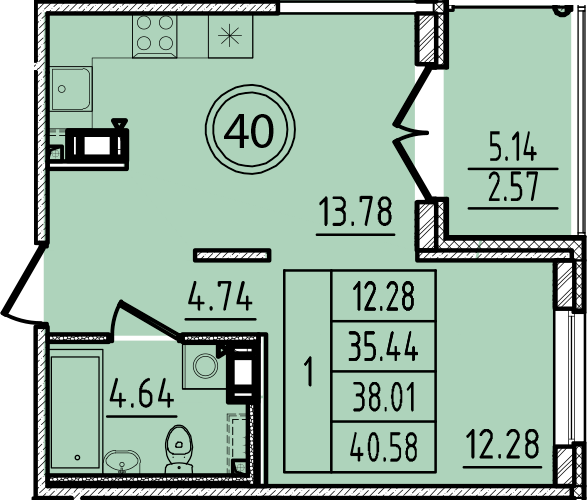 1-комнатная квартира, 35.44 м² в ЖК "Образцовый квартал 14" - планировка, фото №1