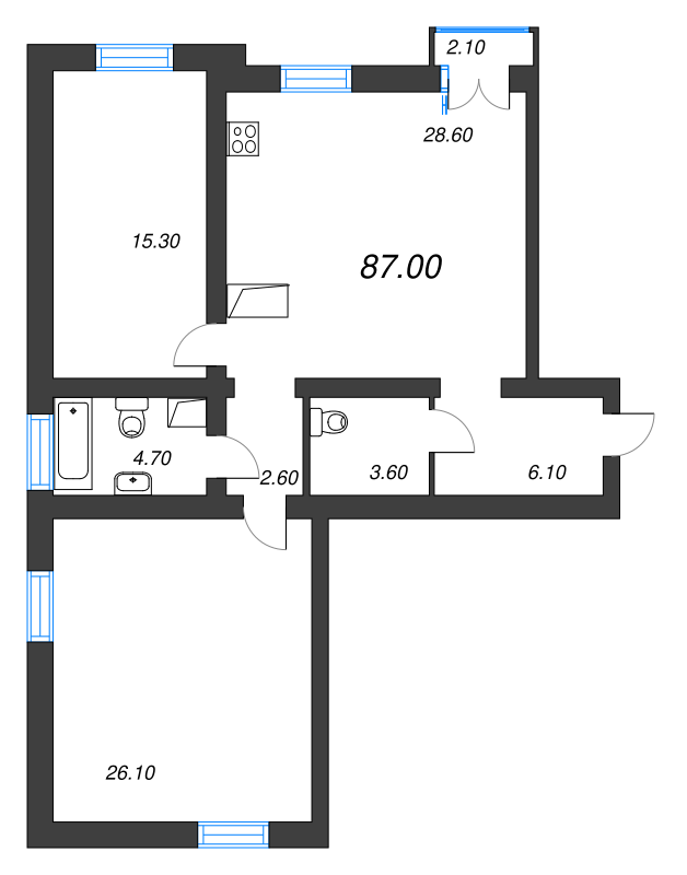 2-комнатная квартира, 86.5 м² в ЖК "Аура" - планировка, фото №1