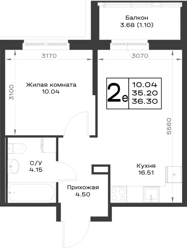 2-комнатная (Евро) квартира, 36.3 м² в ЖК "Имена" - планировка, фото №1