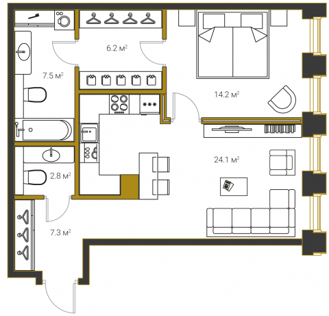2-комнатная (Евро) квартира, 62.1 м² в ЖК "Legenda Premium Институтский, 16" - планировка, фото №1