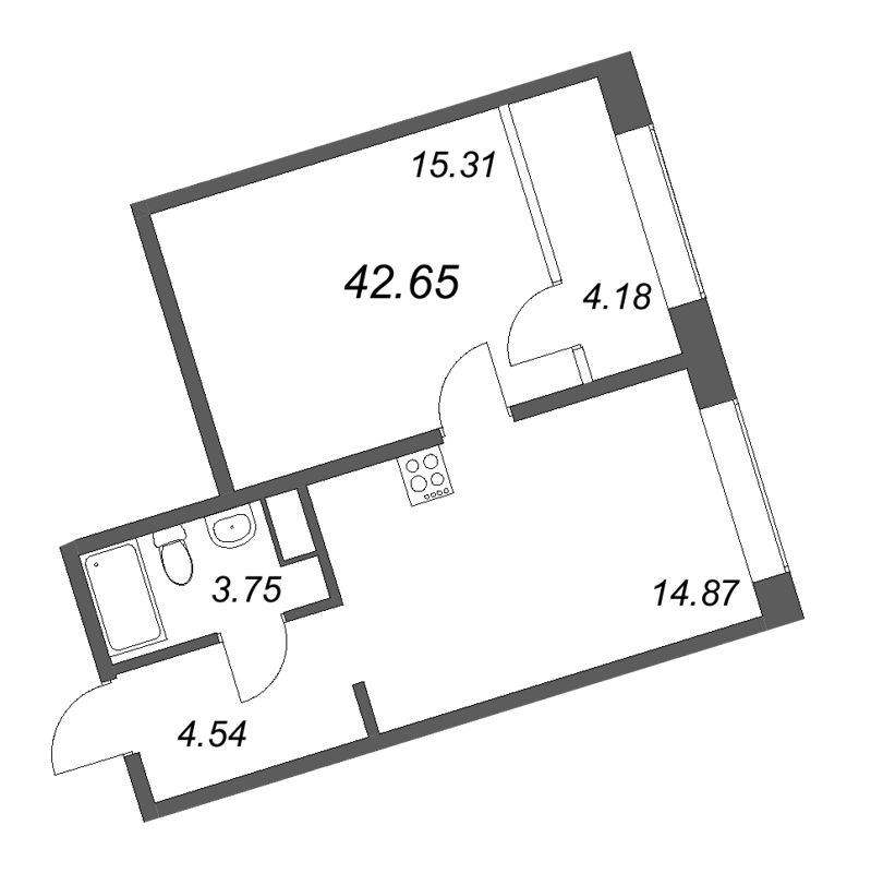 1-комнатная квартира, 42.65 м² - планировка, фото №1