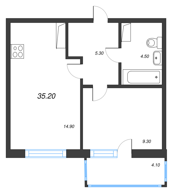 1-комнатная квартира, 35.2 м² в ЖК "Монография" - планировка, фото №1