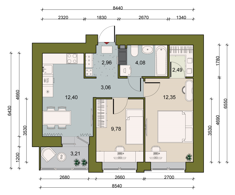 2-комнатная квартира, 48.93 м² - планировка, фото №1