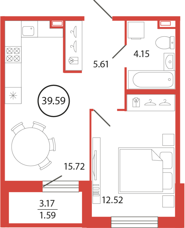 2-комнатная (Евро) квартира, 39.59 м² в ЖК "Энфилд" - планировка, фото №1