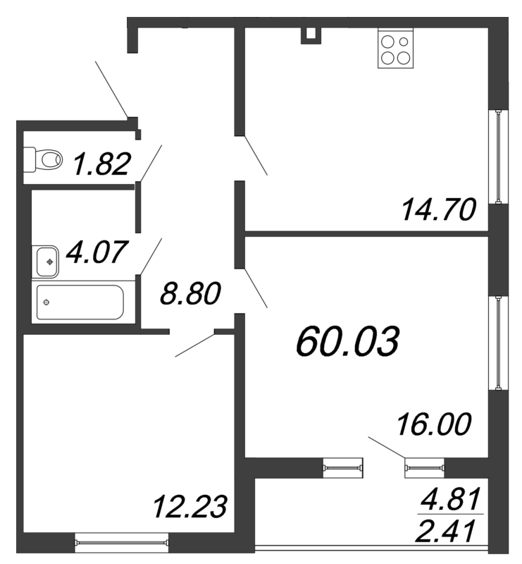 2-комнатная квартира, 60.03 м² - планировка, фото №1