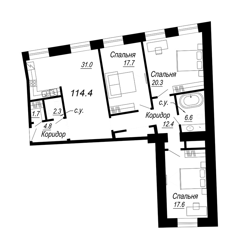 3-комнатная квартира, 117.61 м² - планировка, фото №1