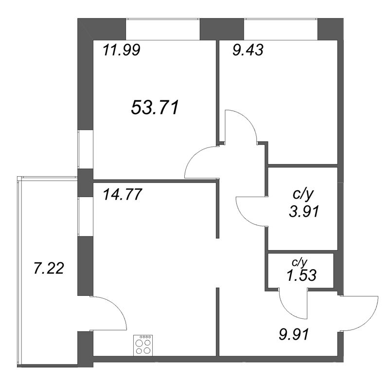 2-комнатная квартира, 53.71 м² в ЖК "Уютный" - планировка, фото №1
