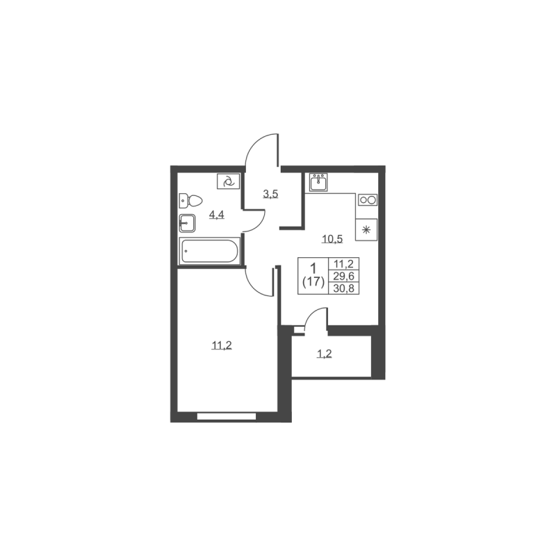 1-комнатная квартира, 30.8 м² - планировка, фото №1