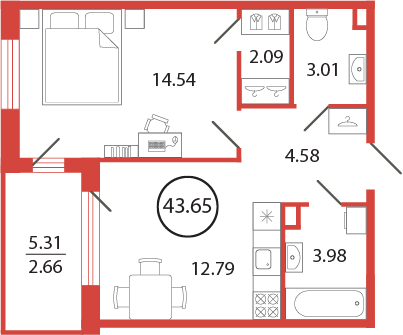 1-комнатная квартира, 43.65 м² в ЖК "Энфилд" - планировка, фото №1