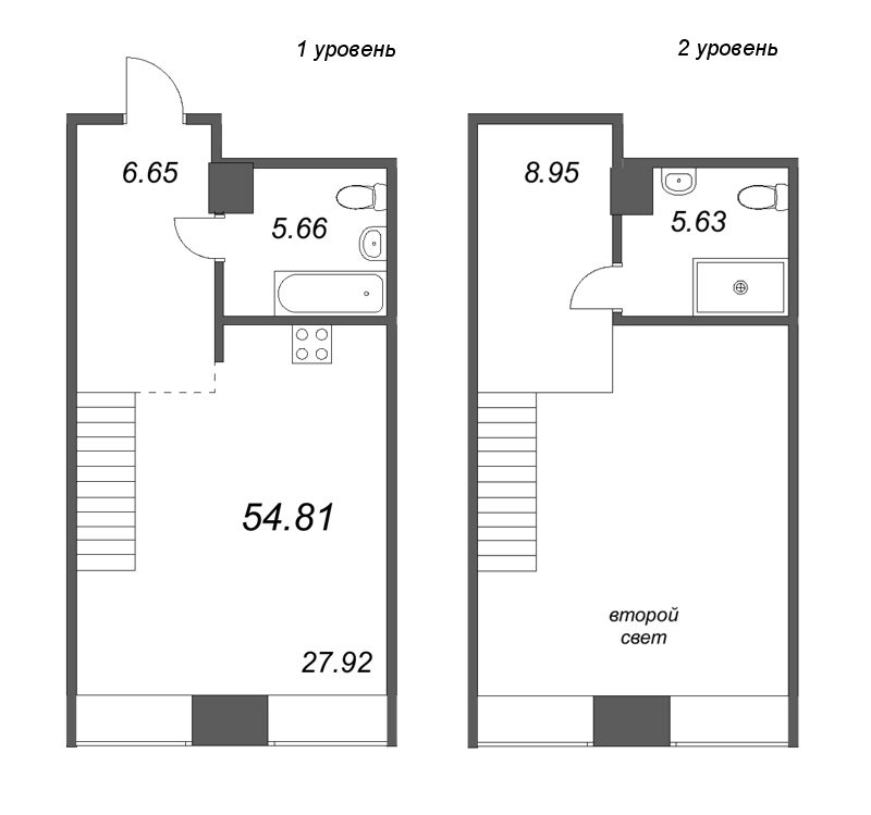 2-комнатная (Евро) квартира, 54.81 м² - планировка, фото №1