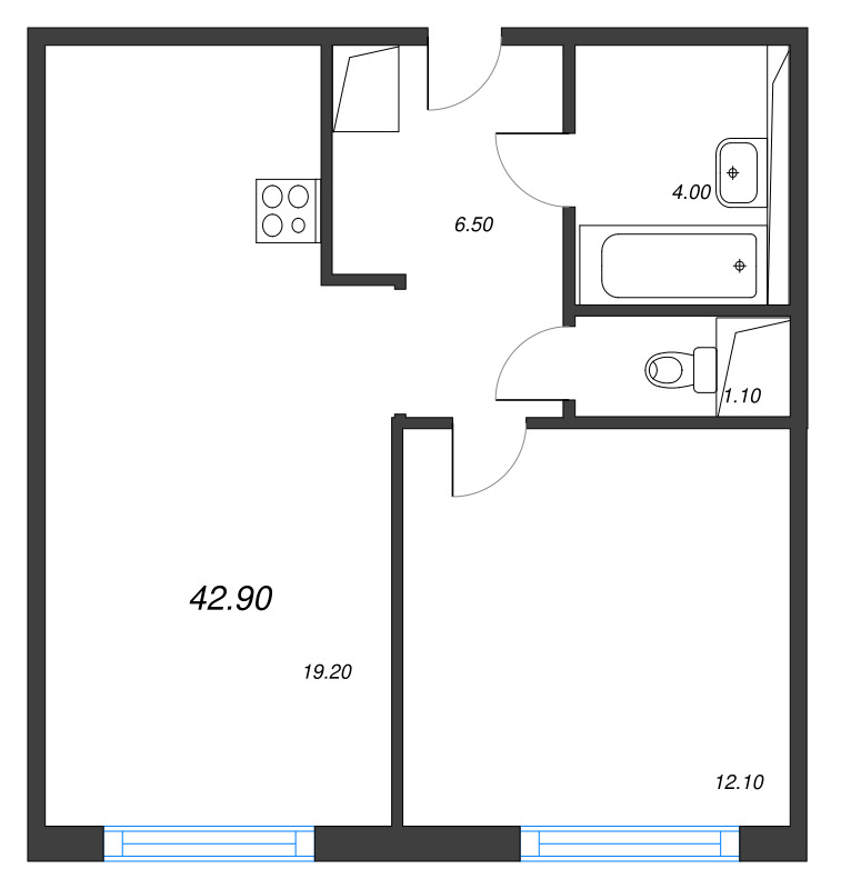 2-комнатная (Евро) квартира, 42.9 м² в ЖК "Руднева 15" - планировка, фото №1