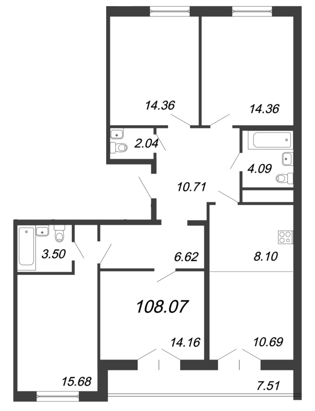 5-комнатная (Евро) квартира, 107.9 м² - планировка, фото №1