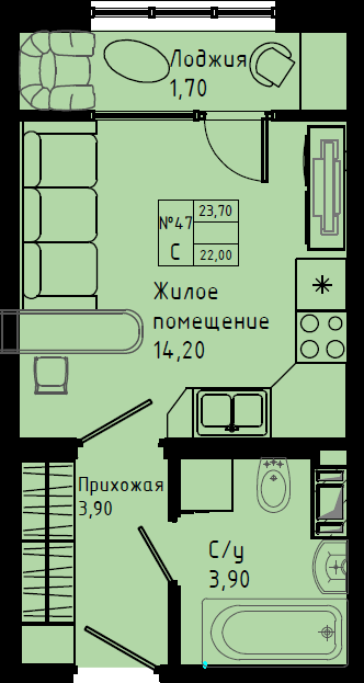 Квартира-студия, 23.7 м² в ЖК "Pixel" - планировка, фото №1