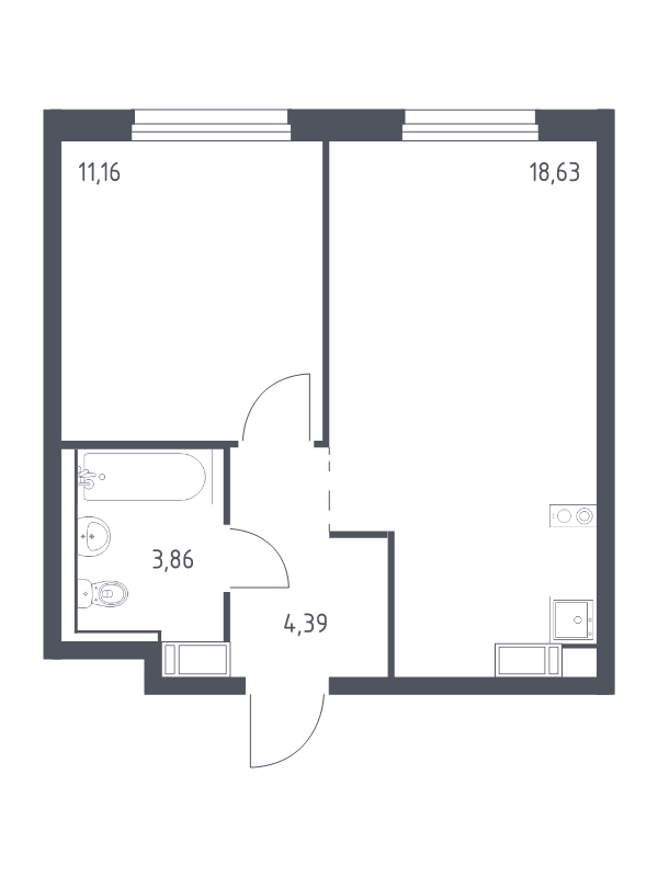 2-комнатная (Евро) квартира, 38.04 м² в ЖК "Квартал Торики" - планировка, фото №1