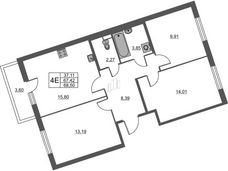 4-комнатная (Евро) квартира, 68.5 м² в ЖК "Лето" - планировка, фото №1