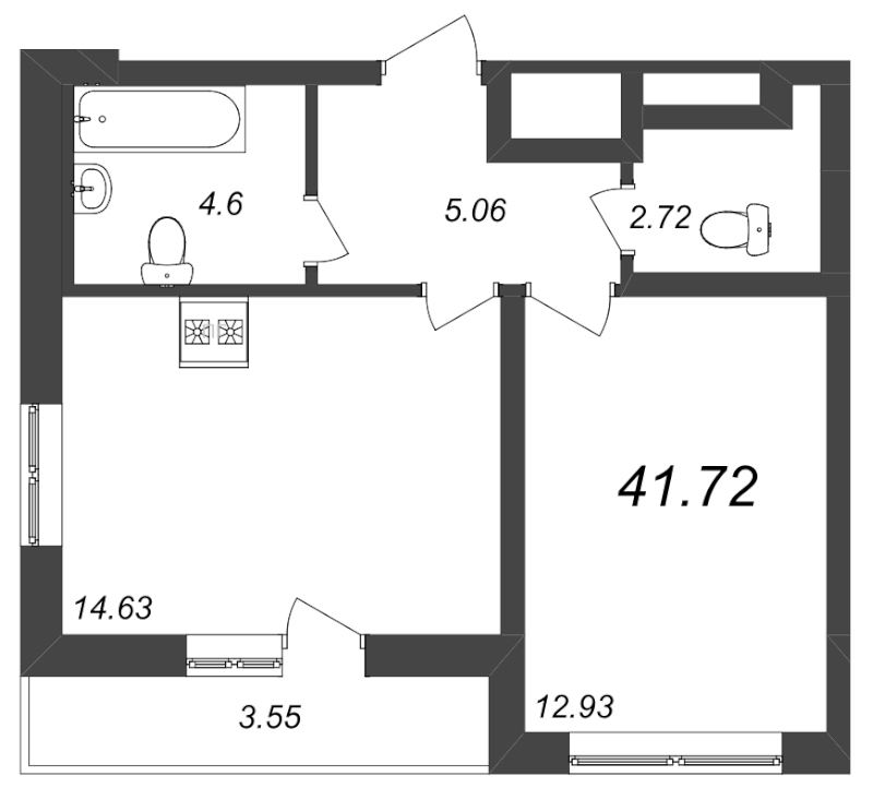 2-комнатная (Евро) квартира, 41.72 м² - планировка, фото №1