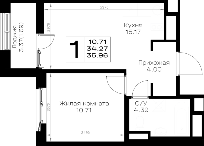 2-комнатная (Евро) квартира, 35.96 м² в ЖК "Борский" - планировка, фото №1
