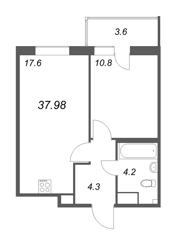 2-комнатная (Евро) квартира, 37.98 м² - планировка, фото №1