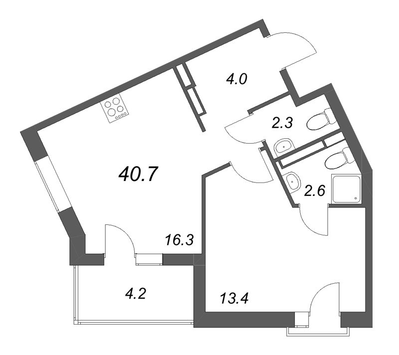 2-комнатная (Евро) квартира, 40.7 м² в ЖК "Экография" - планировка, фото №1