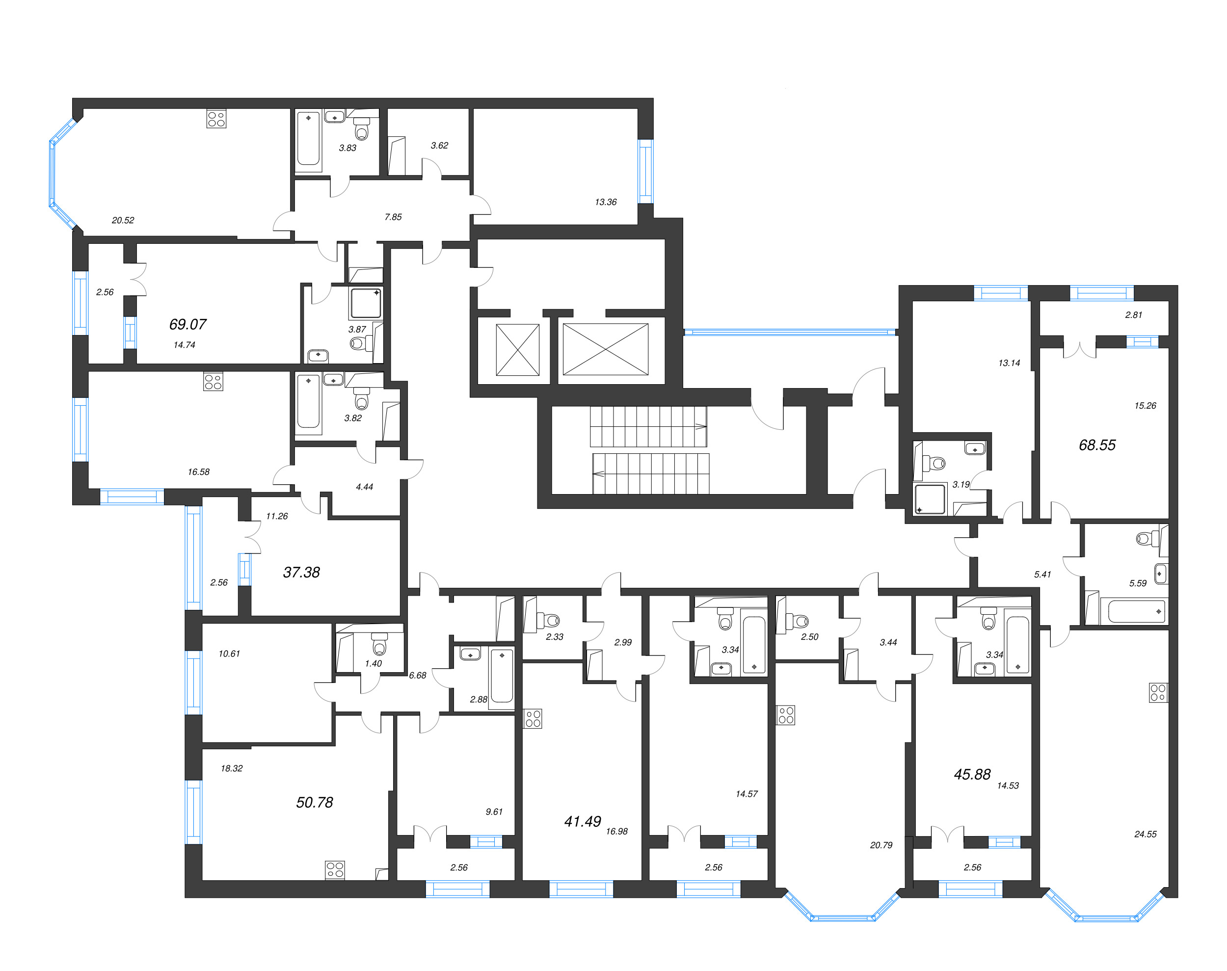 3-комнатная (Евро) квартира, 50.78 м² - планировка этажа