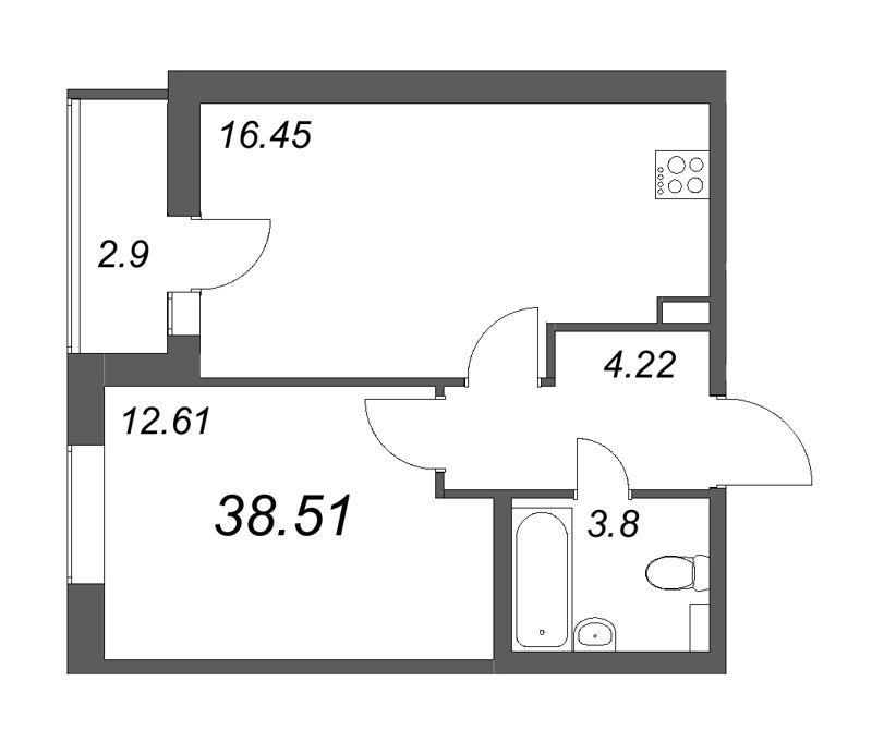 2-комнатная (Евро) квартира, 38.51 м² в ЖК "Аквилон All in 3.0" - планировка, фото №1
