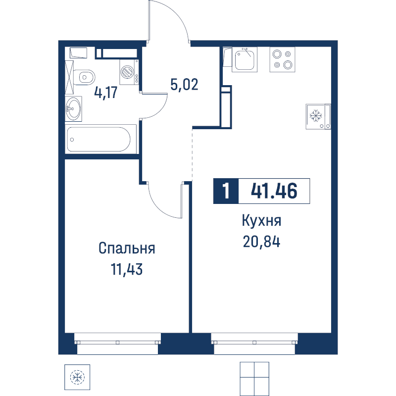 2-комнатная (Евро) квартира, 41.46 м² в ЖК "Символист" - планировка, фото №1