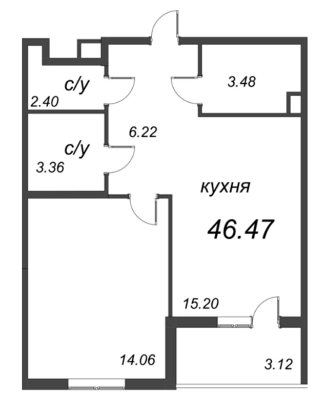 2-комнатная (Евро) квартира, 46.47 м² в ЖК "Энфилд" - планировка, фото №1