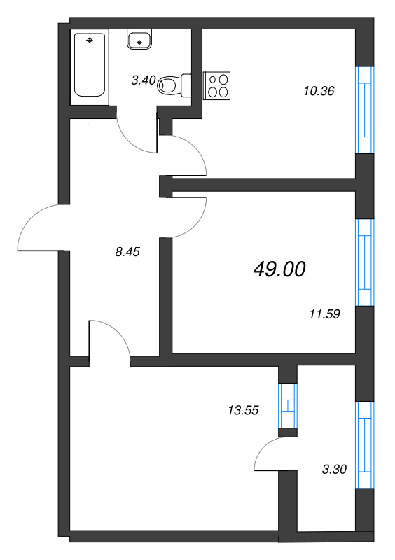 2-комнатная квартира, 49 м² - планировка, фото №1