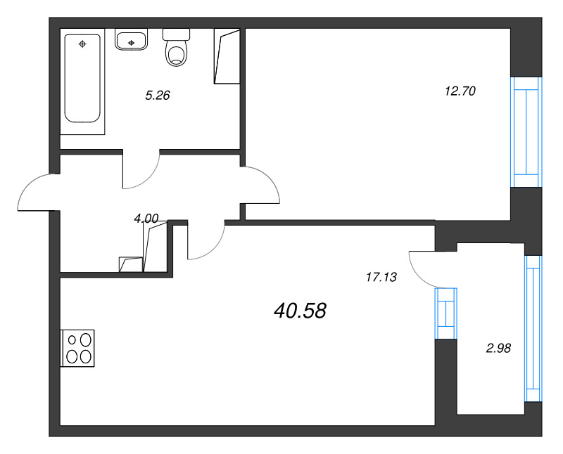 2-комнатная (Евро) квартира, 40.58 м² в ЖК "Аквилон Leaves" - планировка, фото №1