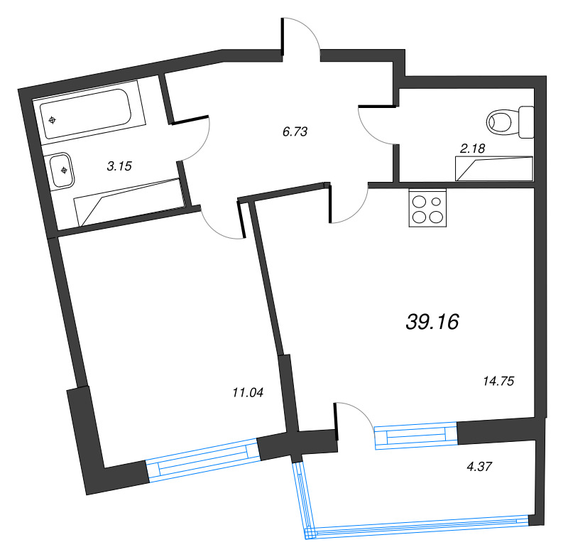 2-комнатная (Евро) квартира, 39.16 м² в ЖК "Дом Левитан" - планировка, фото №1