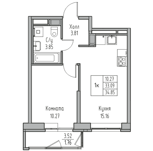 1-комнатная квартира, 34.85 м² в ЖК "Юнтолово" - планировка, фото №1