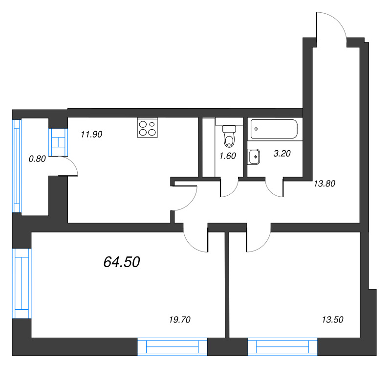 2-комнатная квартира, 64.5 м² в ЖК "Эко Квартал Гармония" - планировка, фото №1