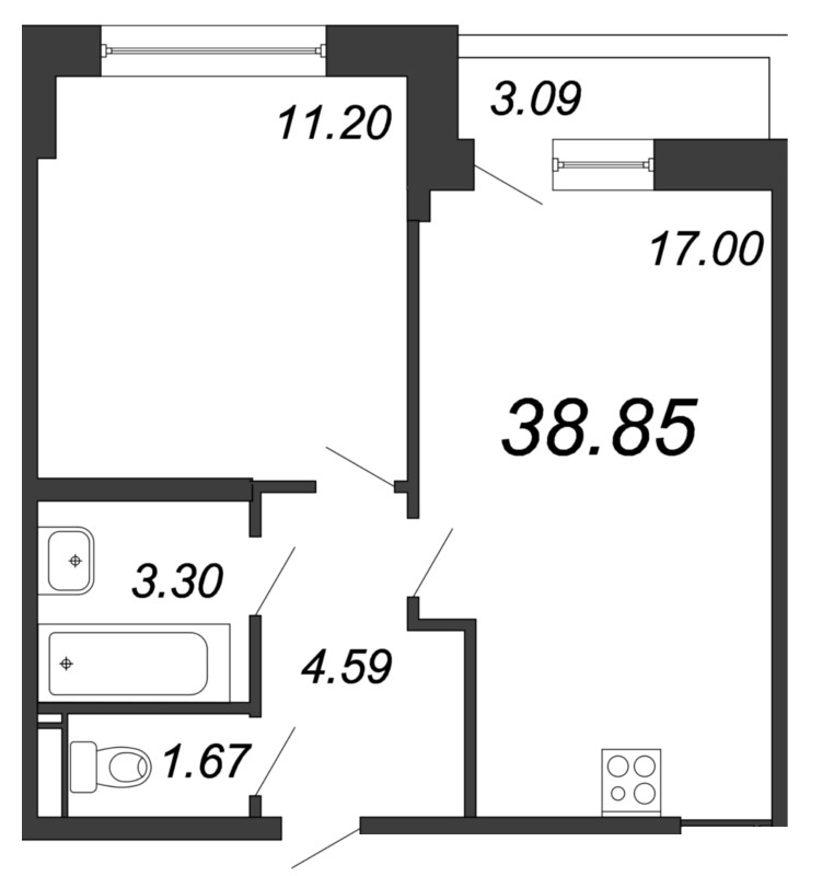 2-комнатная (Евро) квартира, 39.3 м² в ЖК "Магеллан" - планировка, фото №1