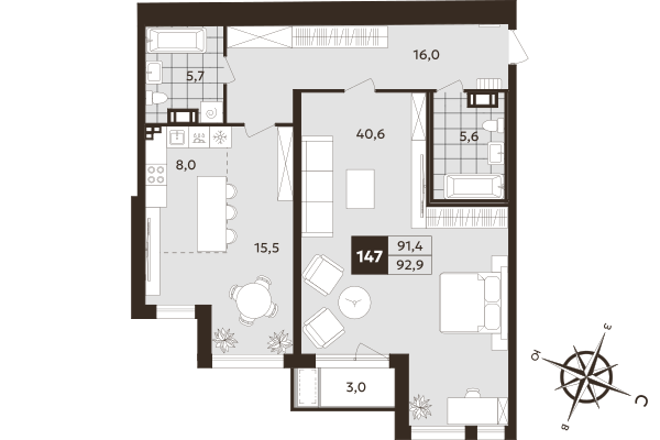 2-комнатная (Евро) квартира, 91.4 м² в ЖК "Дом на Бронницкой" - планировка, фото №1