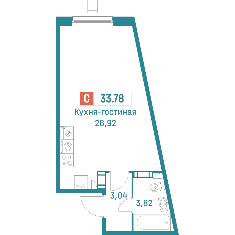 Квартира-студия, 33.78 м² в ЖК "Графика" - планировка, фото №1