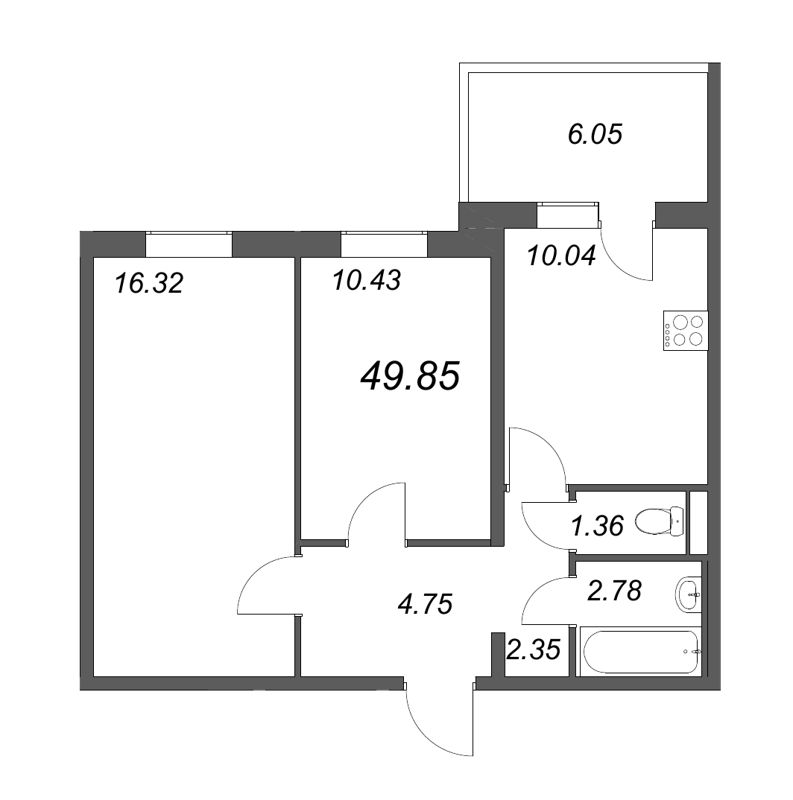 2-комнатная квартира, 48.03 м² в ЖК "Юттери" - планировка, фото №1