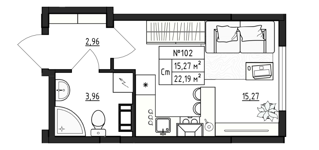 Квартира-студия, 22.19 м² - планировка, фото №1
