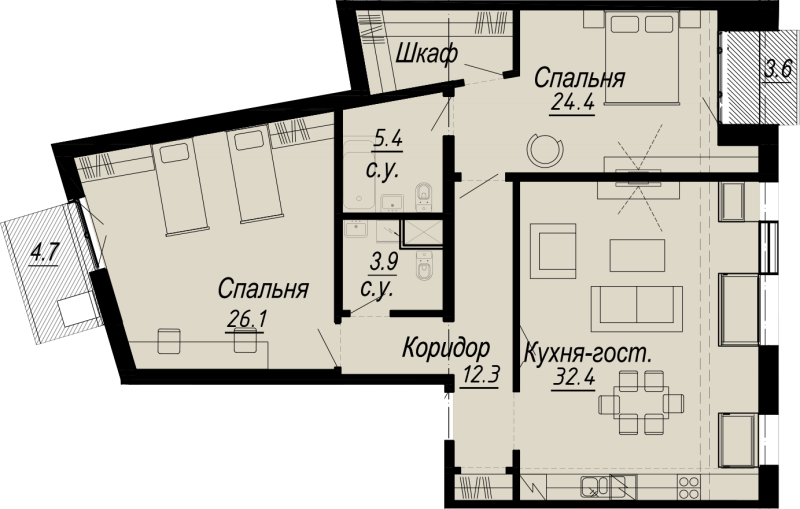 2-комнатная квартира, 110.48 м² - планировка, фото №1