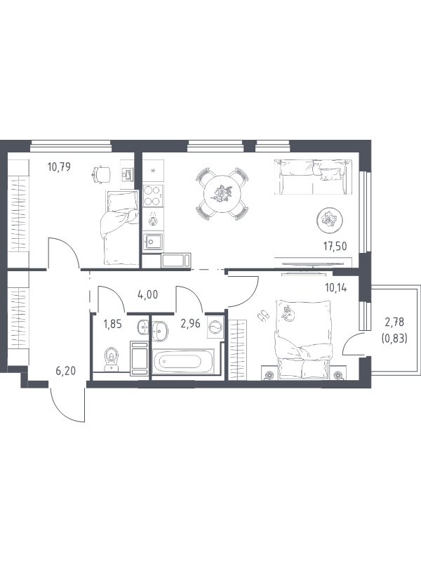 3-комнатная (Евро) квартира, 53.88 м² в ЖК "Новое Колпино" - планировка, фото №1