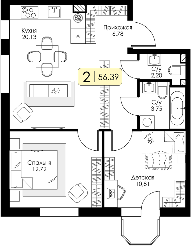 2-комнатная квартира, 56.39 м² в ЖК "Всевгород" - планировка, фото №1