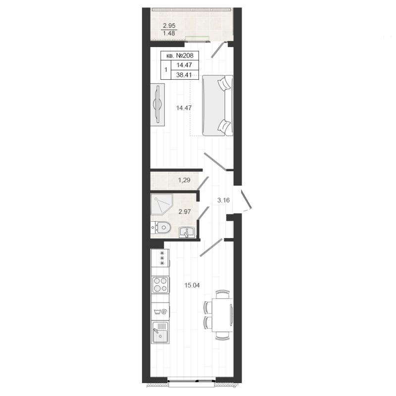 2-комнатная (Евро) квартира, 38.6 м² - планировка, фото №1