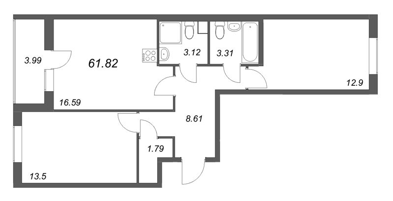3-комнатная (Евро) квартира, 61.82 м² в ЖК "Кинопарк" - планировка, фото №1